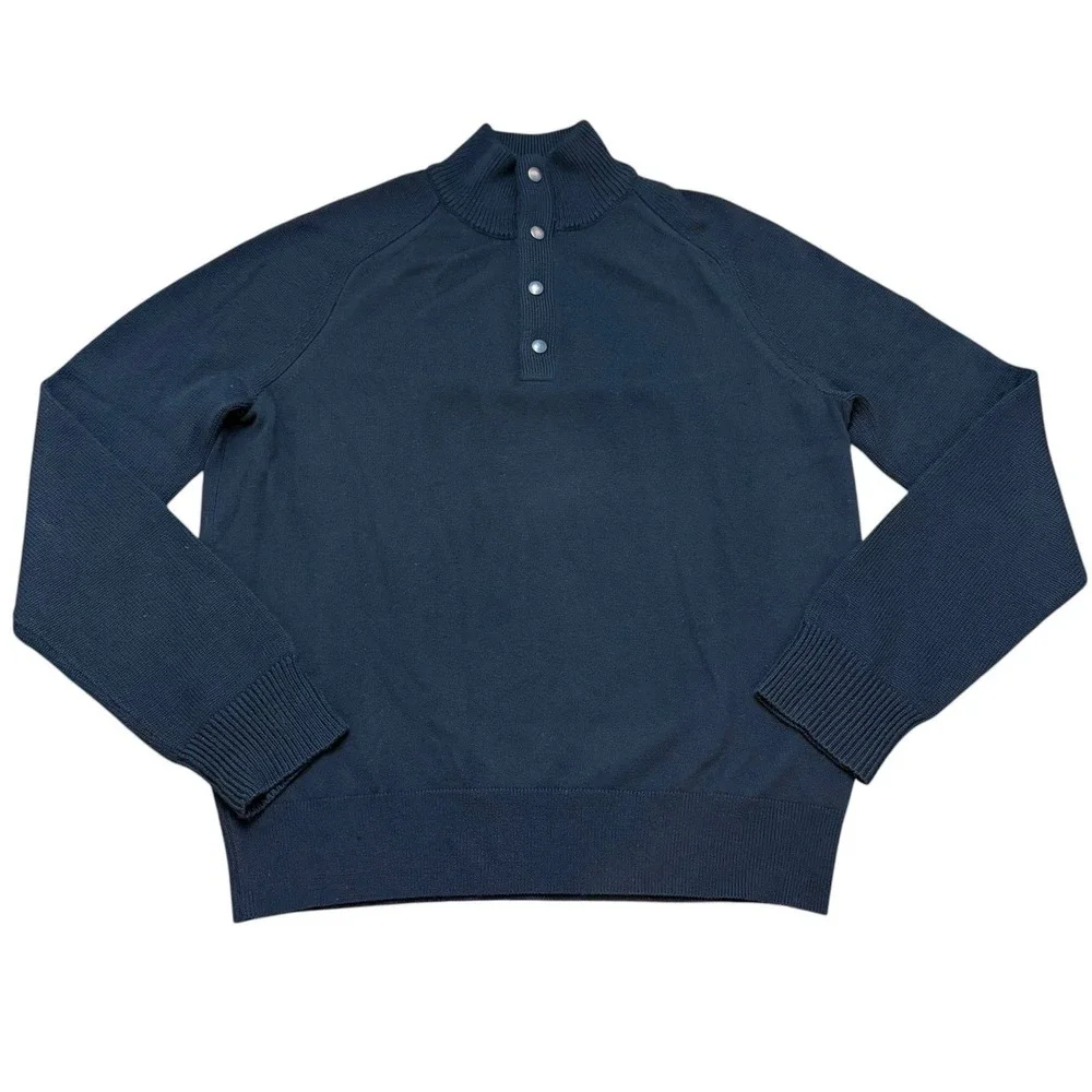 Merino Wool/Cotton Black Button Mock Neck Sweater Classic Preppy Mens Large Tall
